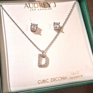 NEW Ladies Silvertone Necklace & STUD  Earrings Set. Cubic Zirconia, Letter D